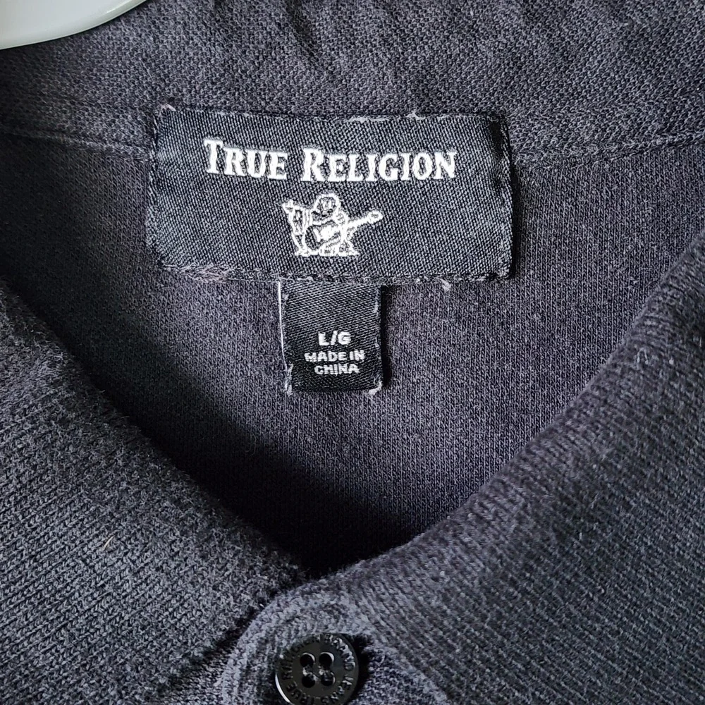 True Religion Polo Shirt Mens Large Black‎ Horseshoe Logo Excellent
